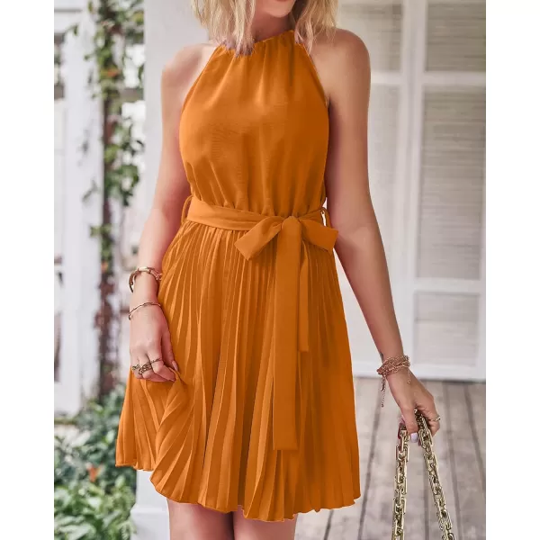 imageBTFBM Women 2023 Summer Casual Halter Neck ALine Dress Sleeveless Belted Swing Pleated Cocktail Party Beach Mini DressesSolid Orange