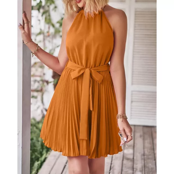 imageBTFBM Women 2023 Summer Casual Halter Neck ALine Dress Sleeveless Belted Swing Pleated Cocktail Party Beach Mini DressesSolid Orange