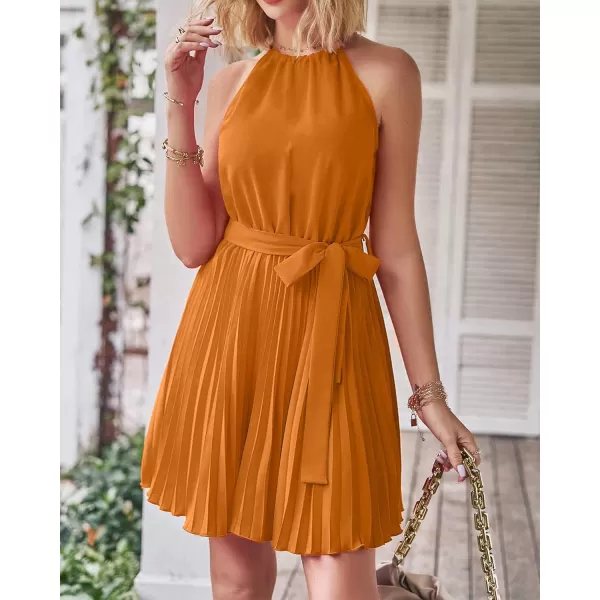 imageBTFBM Women 2023 Summer Casual Halter Neck ALine Dress Sleeveless Belted Swing Pleated Cocktail Party Beach Mini DressesSolid Orange