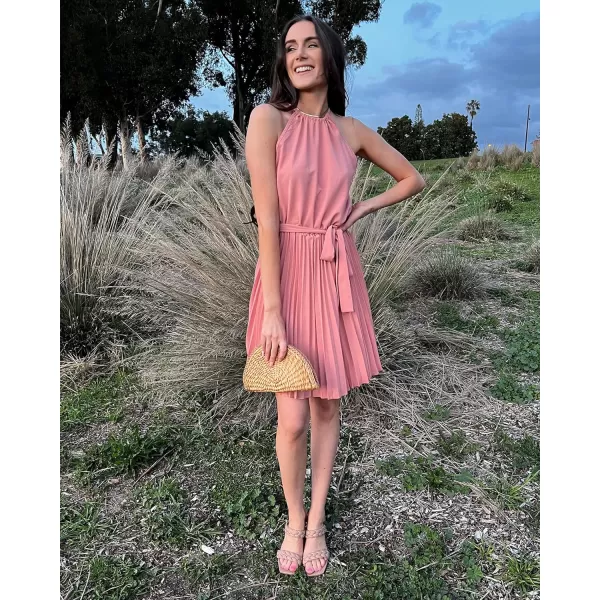 imageBTFBM Women 2023 Summer Casual Halter Neck ALine Dress Sleeveless Belted Swing Pleated Cocktail Party Beach Mini DressesSolid Pink