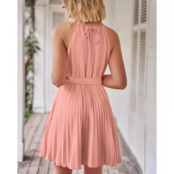 imageBTFBM Women 2023 Summer Casual Halter Neck ALine Dress Sleeveless Belted Swing Pleated Cocktail Party Beach Mini DressesSolid Pink