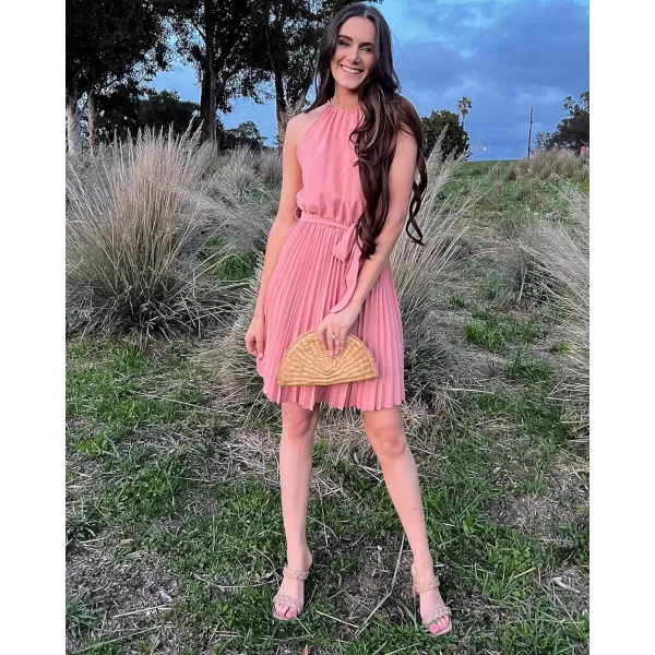 imageBTFBM Women 2023 Summer Casual Halter Neck ALine Dress Sleeveless Belted Swing Pleated Cocktail Party Beach Mini DressesSolid Pink