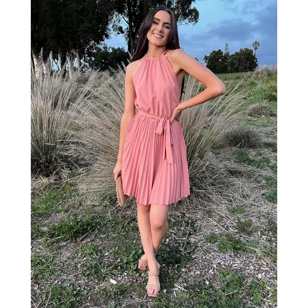 imageBTFBM Women 2023 Summer Casual Halter Neck ALine Dress Sleeveless Belted Swing Pleated Cocktail Party Beach Mini DressesSolid Pink
