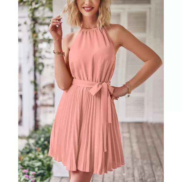imageBTFBM Women 2023 Summer Casual Halter Neck ALine Dress Sleeveless Belted Swing Pleated Cocktail Party Beach Mini DressesSolid Pink