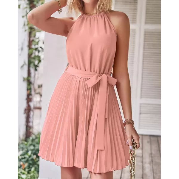 imageBTFBM Women 2023 Summer Casual Halter Neck ALine Dress Sleeveless Belted Swing Pleated Cocktail Party Beach Mini DressesSolid Pink