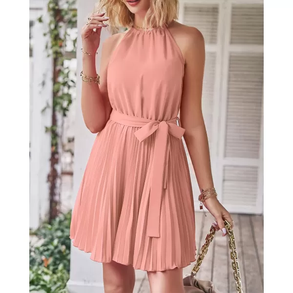 imageBTFBM Women 2023 Summer Casual Halter Neck ALine Dress Sleeveless Belted Swing Pleated Cocktail Party Beach Mini DressesSolid Pink