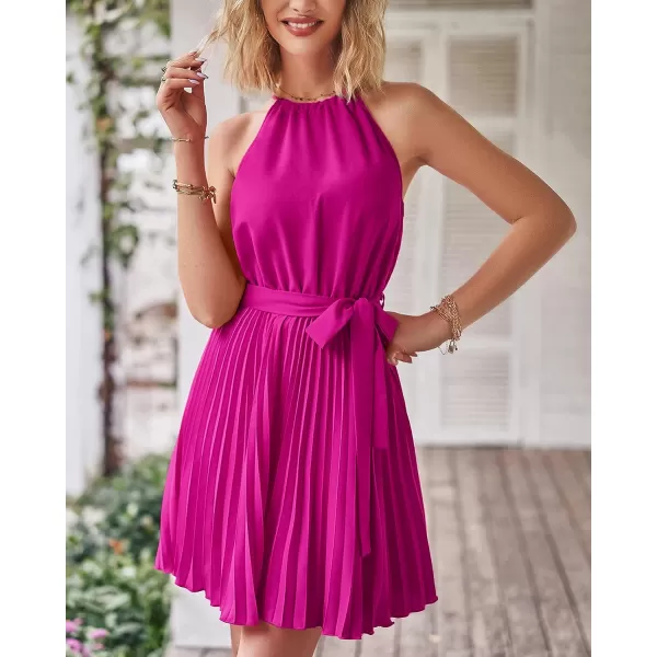 imageBTFBM Women 2023 Summer Casual Halter Neck ALine Dress Sleeveless Belted Swing Pleated Cocktail Party Beach Mini DressesSolid Purple Red