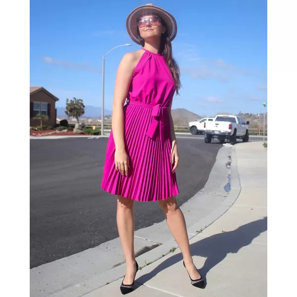 imageBTFBM Women 2023 Summer Casual Halter Neck ALine Dress Sleeveless Belted Swing Pleated Cocktail Party Beach Mini DressesSolid Purple Red