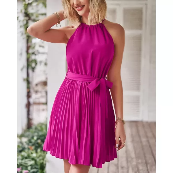 imageBTFBM Women 2023 Summer Casual Halter Neck ALine Dress Sleeveless Belted Swing Pleated Cocktail Party Beach Mini DressesSolid Purple Red