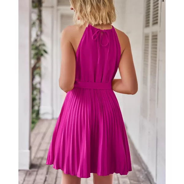imageBTFBM Women 2023 Summer Casual Halter Neck ALine Dress Sleeveless Belted Swing Pleated Cocktail Party Beach Mini DressesSolid Purple Red