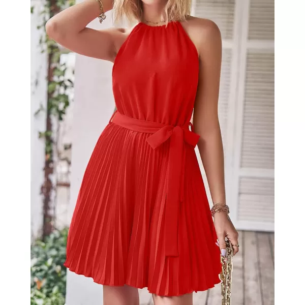 imageBTFBM Women 2023 Summer Casual Halter Neck ALine Dress Sleeveless Belted Swing Pleated Cocktail Party Beach Mini DressesSolid Red