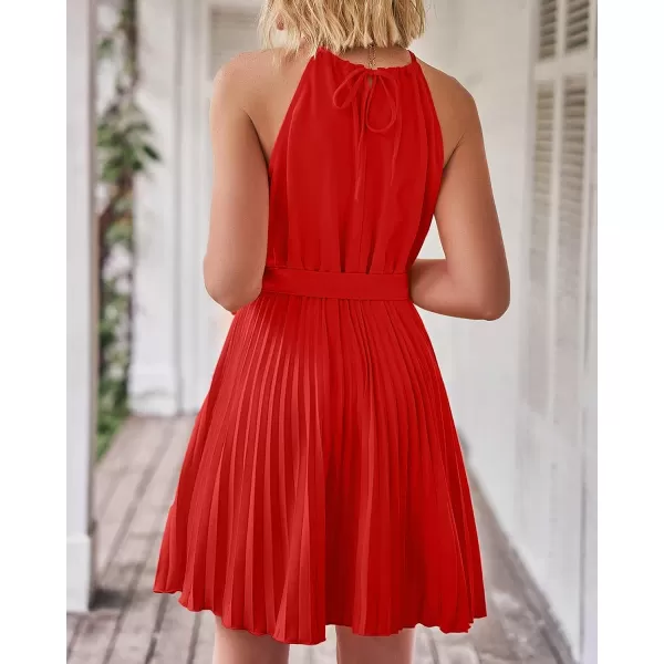 imageBTFBM Women 2023 Summer Casual Halter Neck ALine Dress Sleeveless Belted Swing Pleated Cocktail Party Beach Mini DressesSolid Red