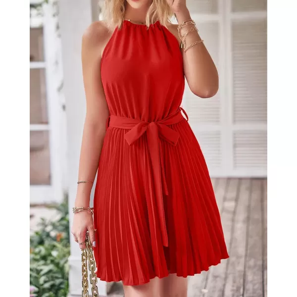 imageBTFBM Women 2023 Summer Casual Halter Neck ALine Dress Sleeveless Belted Swing Pleated Cocktail Party Beach Mini DressesSolid Red