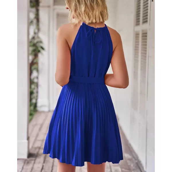 imageBTFBM Women 2023 Summer Casual Halter Neck ALine Dress Sleeveless Belted Swing Pleated Cocktail Party Beach Mini DressesSolid Royal Blue