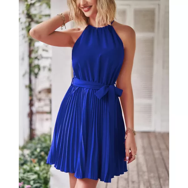 imageBTFBM Women 2023 Summer Casual Halter Neck ALine Dress Sleeveless Belted Swing Pleated Cocktail Party Beach Mini DressesSolid Royal Blue