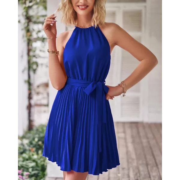 imageBTFBM Women 2023 Summer Casual Halter Neck ALine Dress Sleeveless Belted Swing Pleated Cocktail Party Beach Mini DressesSolid Royal Blue