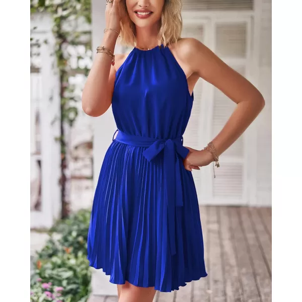 imageBTFBM Women 2023 Summer Casual Halter Neck ALine Dress Sleeveless Belted Swing Pleated Cocktail Party Beach Mini DressesSolid Royal Blue