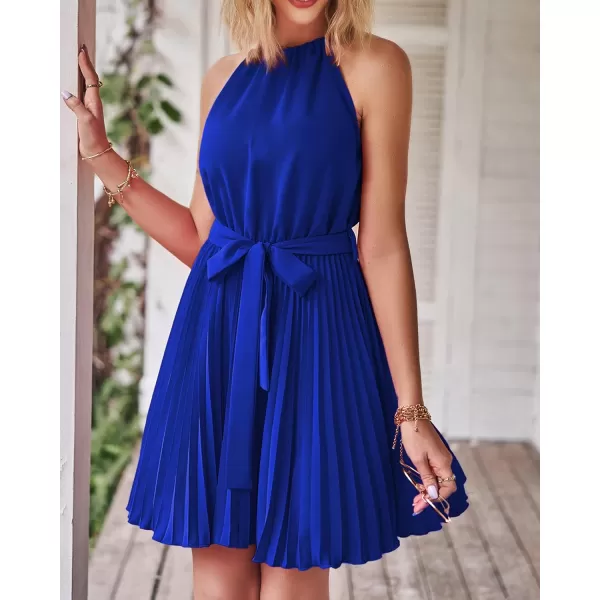 imageBTFBM Women 2023 Summer Casual Halter Neck ALine Dress Sleeveless Belted Swing Pleated Cocktail Party Beach Mini DressesSolid Royal Blue