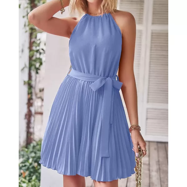 imageBTFBM Women 2023 Summer Casual Halter Neck ALine Dress Sleeveless Belted Swing Pleated Cocktail Party Beach Mini DressesSolid Sky Blue