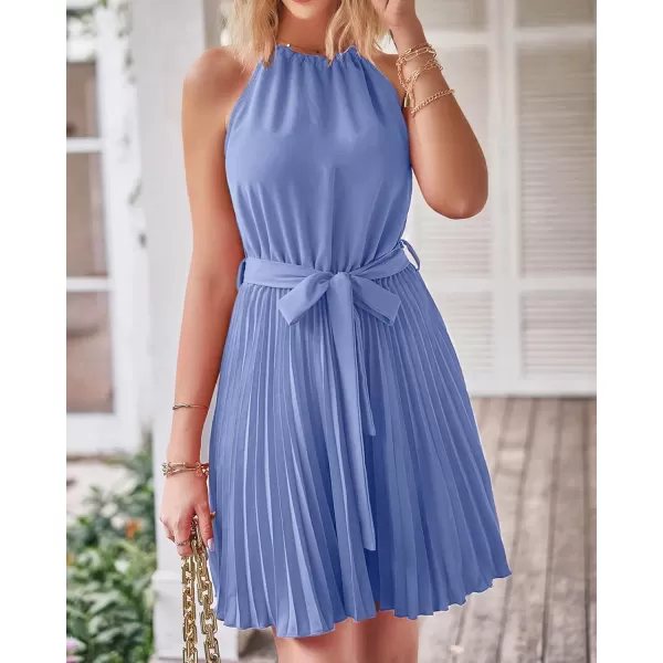 imageBTFBM Women 2023 Summer Casual Halter Neck ALine Dress Sleeveless Belted Swing Pleated Cocktail Party Beach Mini DressesSolid Sky Blue