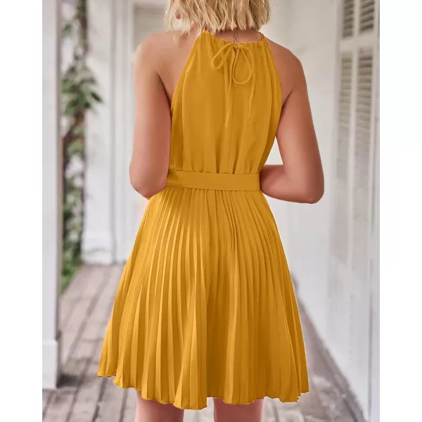 imageBTFBM Women 2023 Summer Casual Halter Neck ALine Dress Sleeveless Belted Swing Pleated Cocktail Party Beach Mini DressesSolid Turmeric