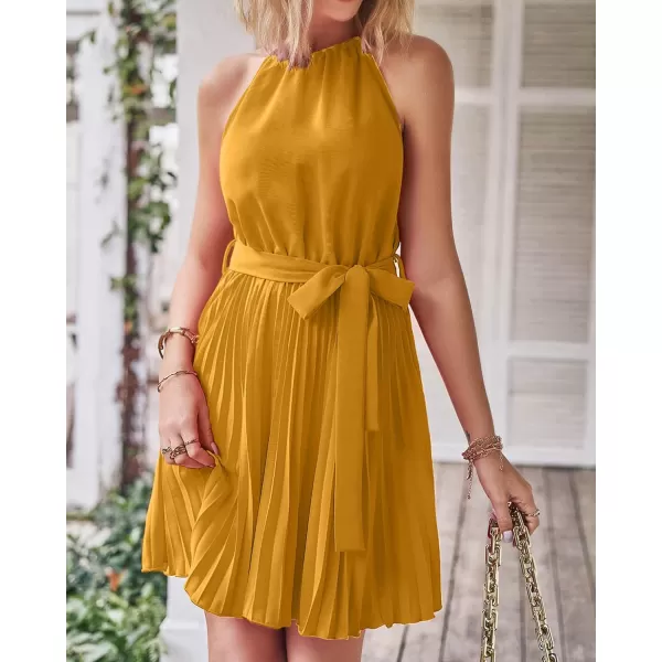 imageBTFBM Women 2023 Summer Casual Halter Neck ALine Dress Sleeveless Belted Swing Pleated Cocktail Party Beach Mini DressesSolid Turmeric