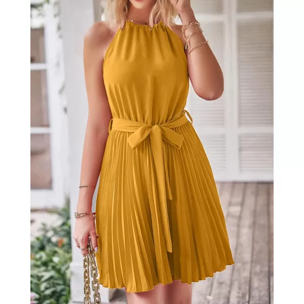 imageBTFBM Women 2023 Summer Casual Halter Neck ALine Dress Sleeveless Belted Swing Pleated Cocktail Party Beach Mini DressesSolid Turmeric