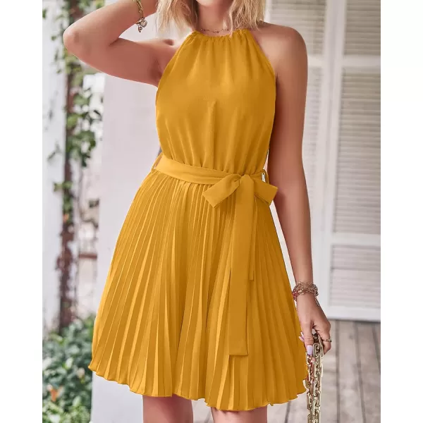 imageBTFBM Women 2023 Summer Casual Halter Neck ALine Dress Sleeveless Belted Swing Pleated Cocktail Party Beach Mini DressesSolid Turmeric