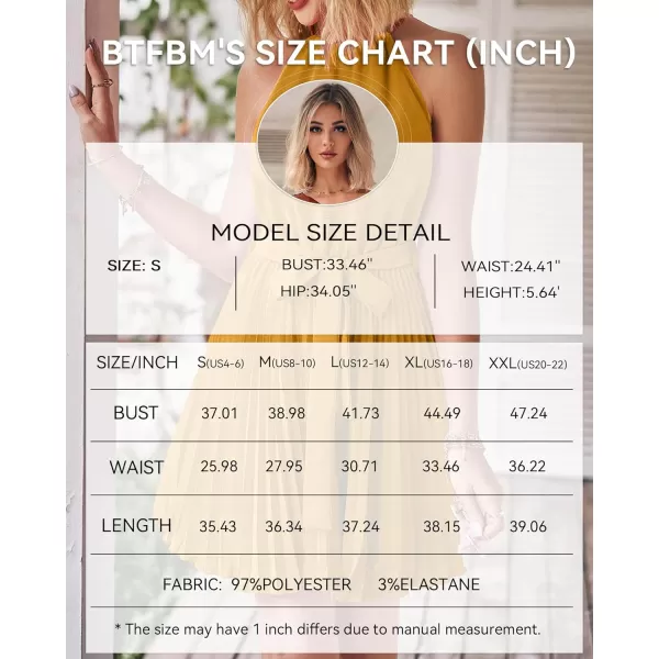 imageBTFBM Women 2023 Summer Casual Halter Neck ALine Dress Sleeveless Belted Swing Pleated Cocktail Party Beach Mini DressesSolid Turmeric