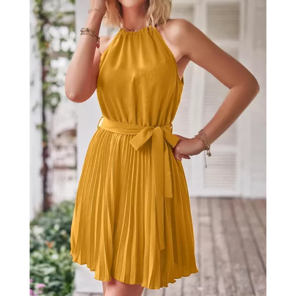 imageBTFBM Women 2023 Summer Casual Halter Neck ALine Dress Sleeveless Belted Swing Pleated Cocktail Party Beach Mini DressesSolid Turmeric