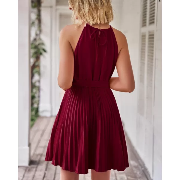 imageBTFBM Women 2023 Summer Casual Halter Neck ALine Dress Sleeveless Belted Swing Pleated Cocktail Party Beach Mini DressesSolid Wine Red