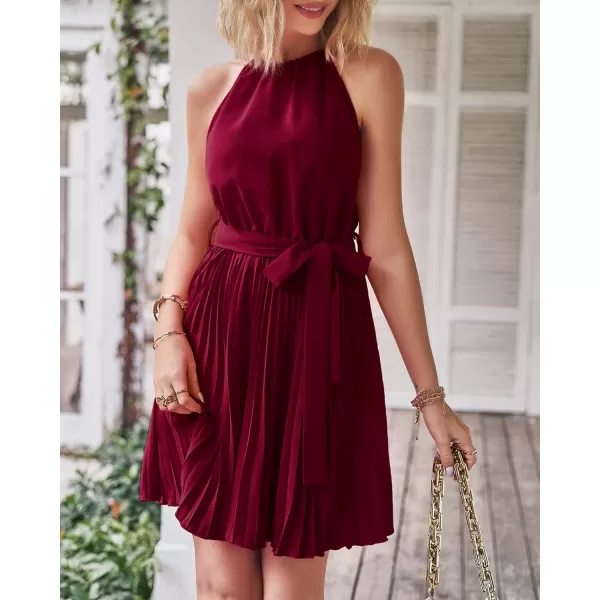 imageBTFBM Women 2023 Summer Casual Halter Neck ALine Dress Sleeveless Belted Swing Pleated Cocktail Party Beach Mini DressesSolid Wine Red