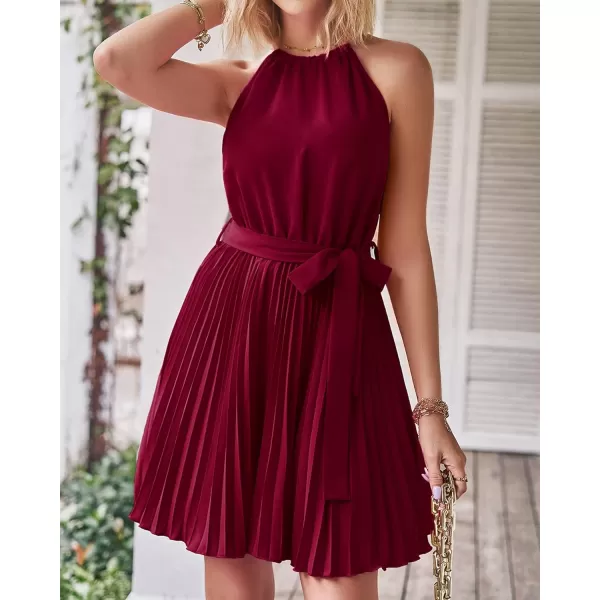 imageBTFBM Women 2023 Summer Casual Halter Neck ALine Dress Sleeveless Belted Swing Pleated Cocktail Party Beach Mini DressesSolid Wine Red