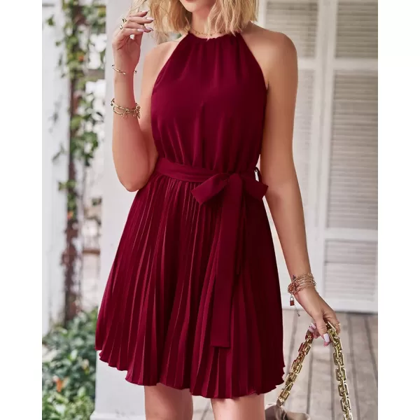 imageBTFBM Women 2023 Summer Casual Halter Neck ALine Dress Sleeveless Belted Swing Pleated Cocktail Party Beach Mini DressesSolid Wine Red