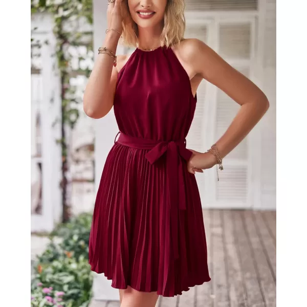 imageBTFBM Women 2023 Summer Casual Halter Neck ALine Dress Sleeveless Belted Swing Pleated Cocktail Party Beach Mini DressesSolid Wine Red