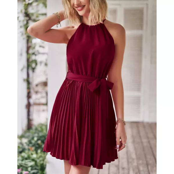 imageBTFBM Women 2023 Summer Casual Halter Neck ALine Dress Sleeveless Belted Swing Pleated Cocktail Party Beach Mini DressesSolid Wine Red