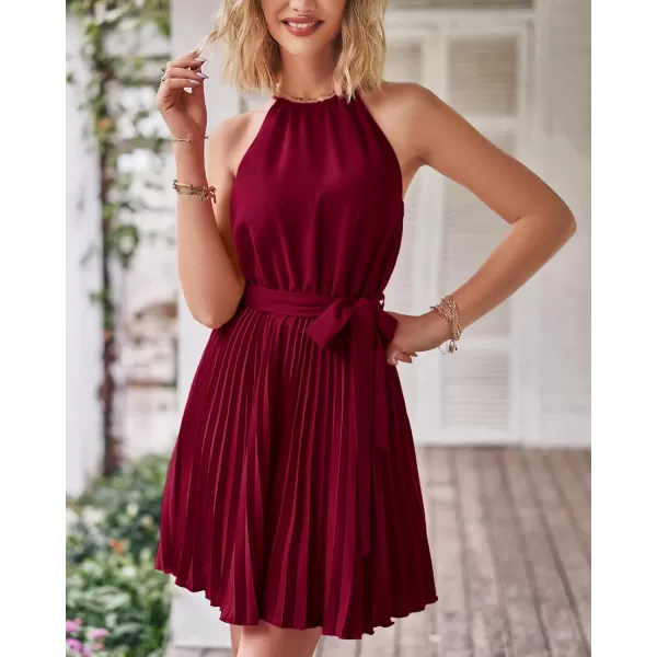 imageBTFBM Women 2023 Summer Casual Halter Neck ALine Dress Sleeveless Belted Swing Pleated Cocktail Party Beach Mini DressesSolid Wine Red