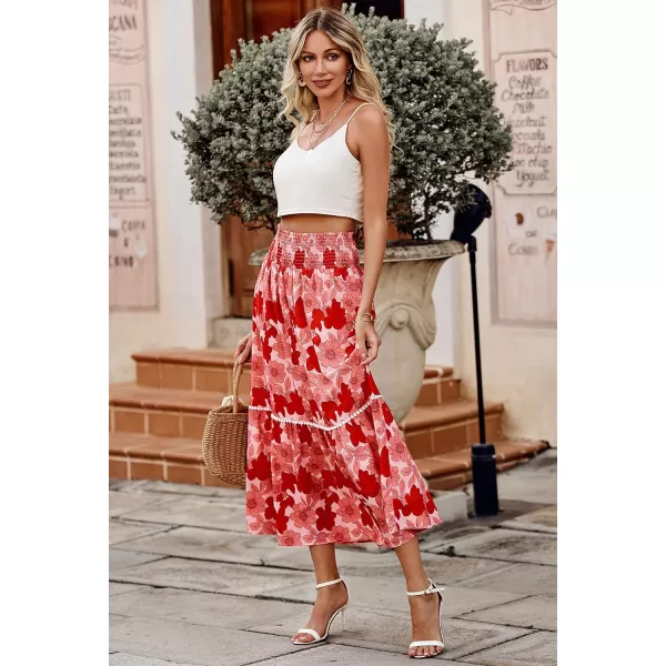 imageBTFBM Women 2023 Summer Fall Floral Long Skirts Casual Elastic High Waist Pleated Swing A Line Boho Beach Maxi SkirtBig Floral Red