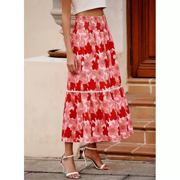 imageBTFBM Women 2023 Summer Fall Floral Long Skirts Casual Elastic High Waist Pleated Swing A Line Boho Beach Maxi SkirtBig Floral Red
