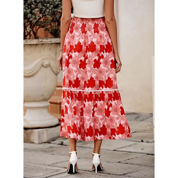 imageBTFBM Women 2023 Summer Fall Floral Long Skirts Casual Elastic High Waist Pleated Swing A Line Boho Beach Maxi SkirtBig Floral Red