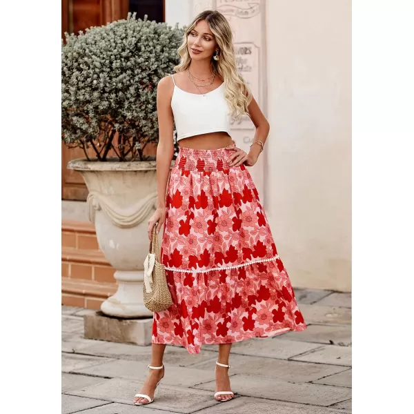imageBTFBM Women 2023 Summer Fall Floral Long Skirts Casual Elastic High Waist Pleated Swing A Line Boho Beach Maxi SkirtBig Floral Red