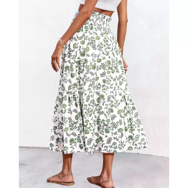 imageBTFBM Women 2023 Summer Fall Floral Long Skirts Casual Elastic High Waist Pleated Swing A Line Boho Beach Maxi SkirtFloral Army Green