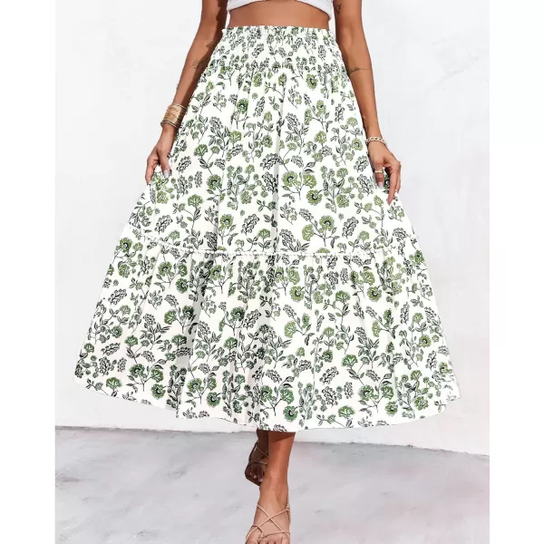 imageBTFBM Women 2023 Summer Fall Floral Long Skirts Casual Elastic High Waist Pleated Swing A Line Boho Beach Maxi SkirtFloral Army Green