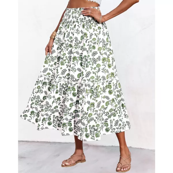 imageBTFBM Women 2023 Summer Fall Floral Long Skirts Casual Elastic High Waist Pleated Swing A Line Boho Beach Maxi SkirtFloral Army Green