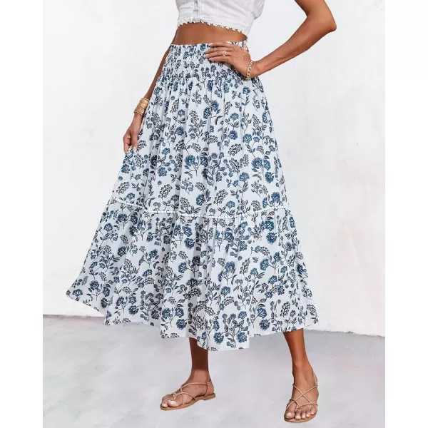 imageBTFBM Women 2023 Summer Fall Floral Long Skirts Casual Elastic High Waist Pleated Swing A Line Boho Beach Maxi SkirtFloral Dark Blue