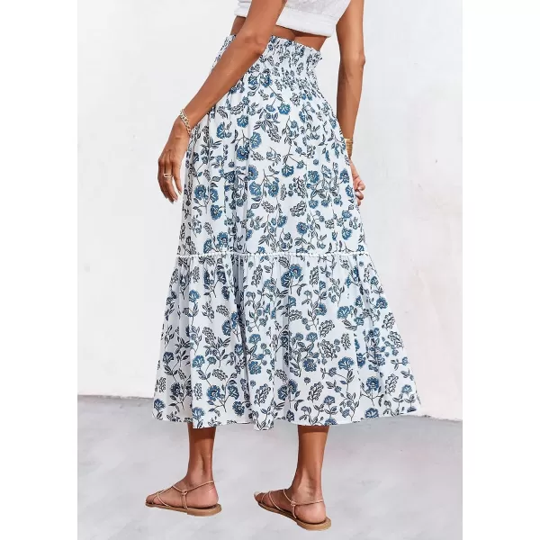 imageBTFBM Women 2023 Summer Fall Floral Long Skirts Casual Elastic High Waist Pleated Swing A Line Boho Beach Maxi SkirtFloral Dark Blue