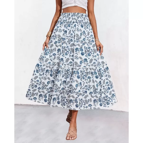 imageBTFBM Women 2023 Summer Fall Floral Long Skirts Casual Elastic High Waist Pleated Swing A Line Boho Beach Maxi SkirtFloral Dark Blue
