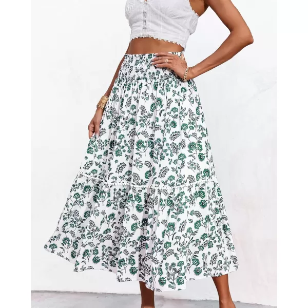 imageBTFBM Women 2023 Summer Fall Floral Long Skirts Casual Elastic High Waist Pleated Swing A Line Boho Beach Maxi SkirtFloral Green