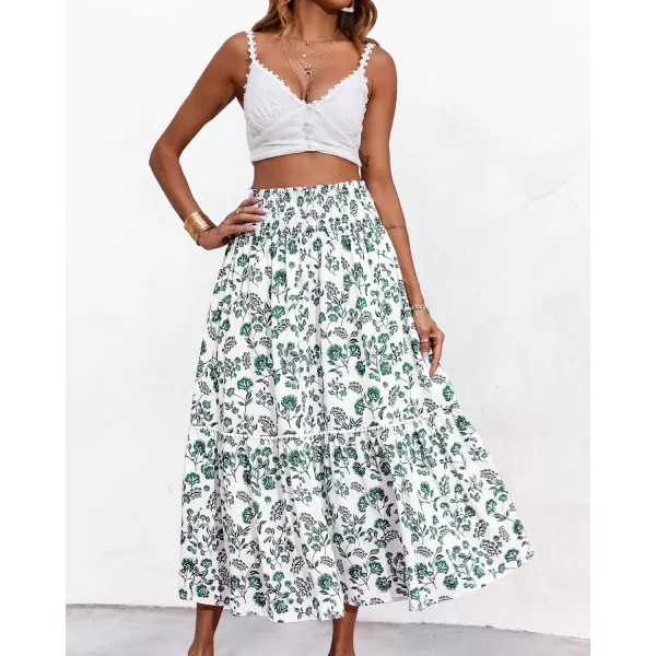 imageBTFBM Women 2023 Summer Fall Floral Long Skirts Casual Elastic High Waist Pleated Swing A Line Boho Beach Maxi SkirtFloral Green