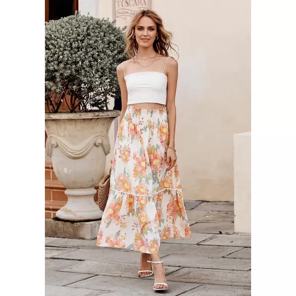 imageBTFBM Women 2023 Summer Fall Floral Long Skirts Casual Elastic High Waist Pleated Swing A Line Boho Beach Maxi SkirtFloral Orange Pink